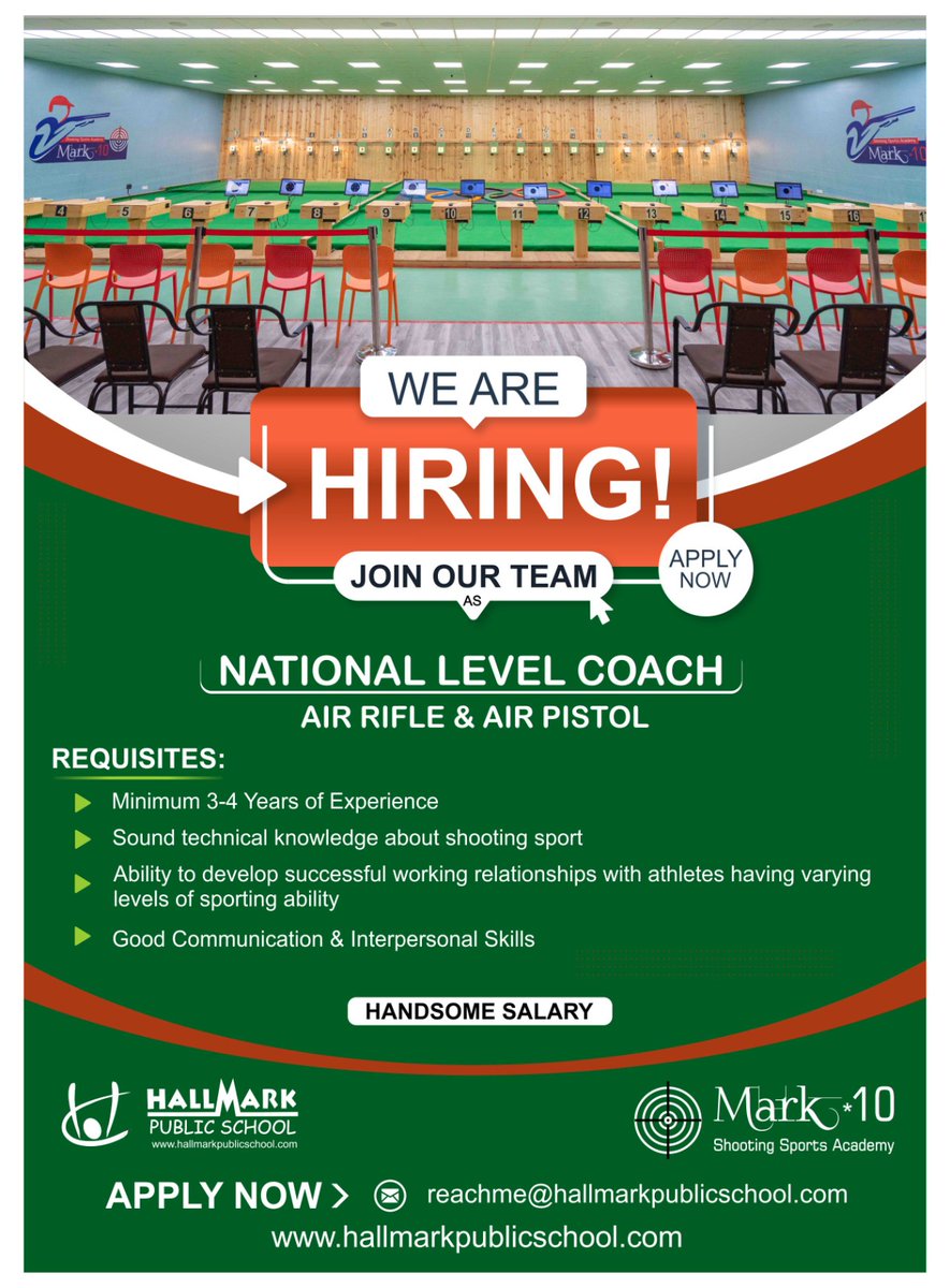 mark10shooting's tweet photo. 🎯Calling all passionate shooters and coaches! 

We are looking for a National Level Coach in Air Rifle and Air Pistol shooting sports to join our esteemed shooting range.

#HiringNow #SportsCoach #JoinOurTeam #ShootingSports #Mark10Academy #HallmarkPublicSchool #ABTP https://t.co/7uaxPRjssk