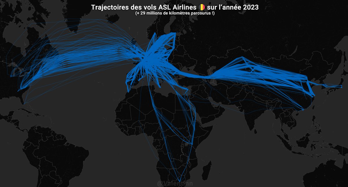 VaIentinn's tweet photo. ASL Belgium : 35 avions et pour l'instant 29 millions de kilomètres parcourus en 2023 🛫

🗺️ Python &amp; ADSBx, QGIS &amp; CARTO + Photoshop https://t.co/3JonIf79X5