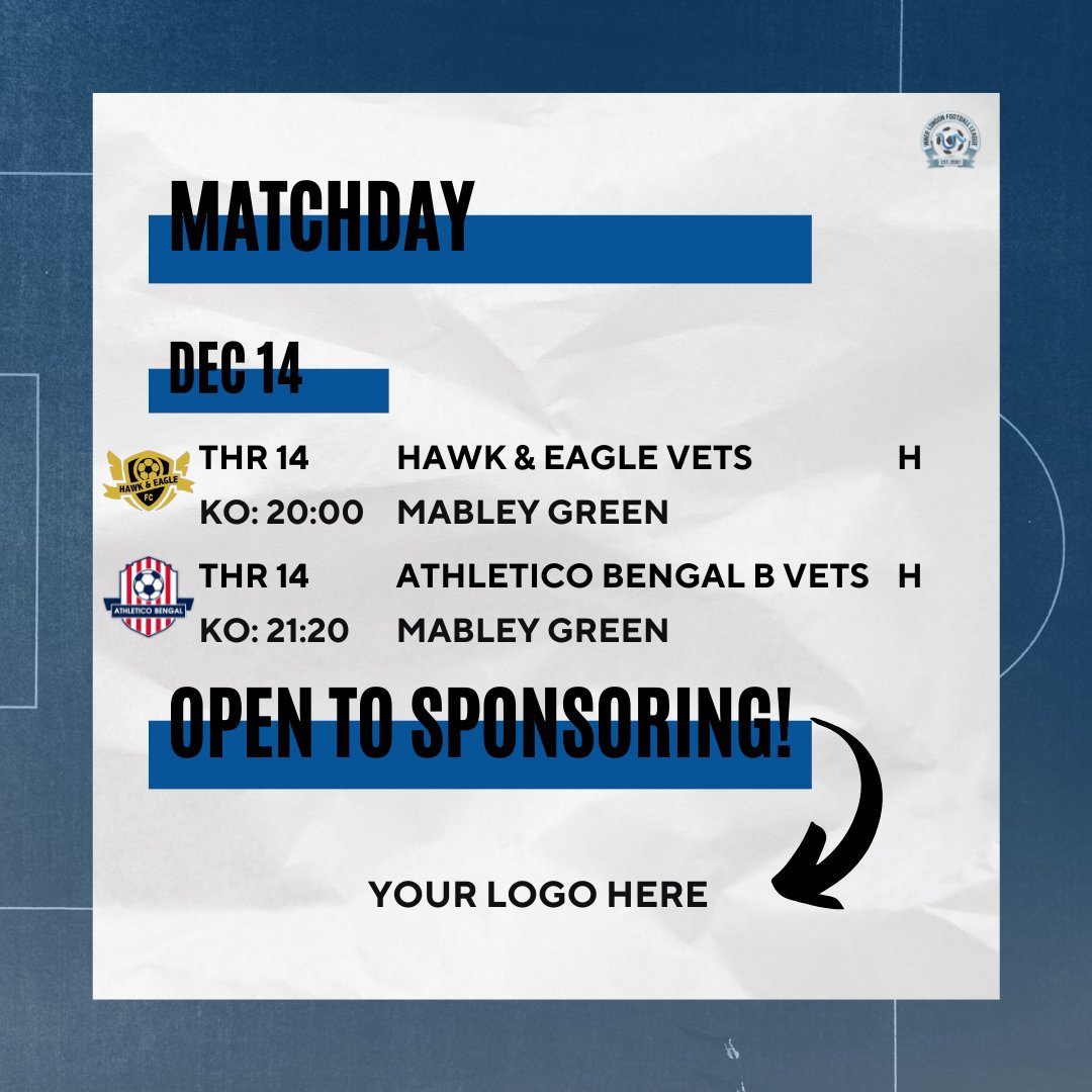 MATCHDAY 🔵

#matchday10 #WPVHEV
Wapping Vets 🔵
🤝 Hawk &amp; Eagle Vets (H)
🏟 Mabley Green
📆 14/12 - KO: 20:00pm
📊 ILFL TVL19 - Divison 1

#matchday11 #FNFABV
Wapping FNF Vets 🔵
🤝 Athletico Bengal Vets B (H)
🏟 Mabley Green
📆 14/12 - KO: 21:20pm
📊 ILFL TVL19 - Divison 4