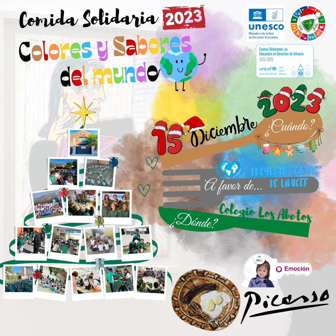 🌟 Este viernes, Los Abetos se llena de arte y sabor en "Colores y Sabores por el Mundo". 🍲 
Celebremos los 100 años de Picasso con una experiencia culinaria única a cargo de nuestros talentosos estudiantes. 🎨
 ¡Únete a nosotros para apoyar el Proyecto "Gotas" de #UNICEF!