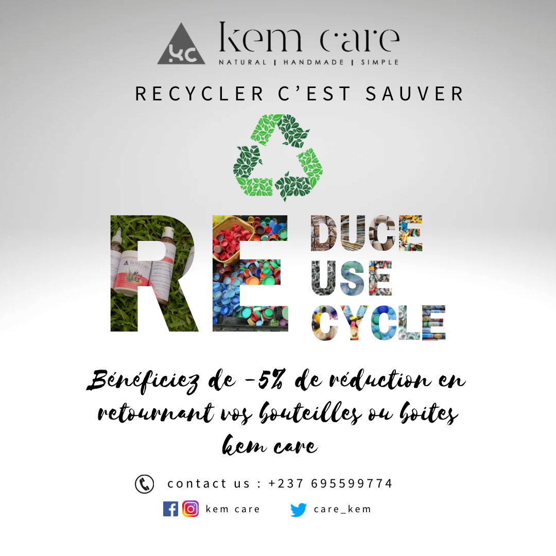 Dans le souci de préserver la nature🌱 et notre environnement, Kem Care recycle ses boites et ses bouteilles 🤗
Bénéficiez de 5% de réduction sur votre prochain achat en ramenant vos boites et bouteilles vides Kem care😉.

#kemcarecmr #recycle #preservenature