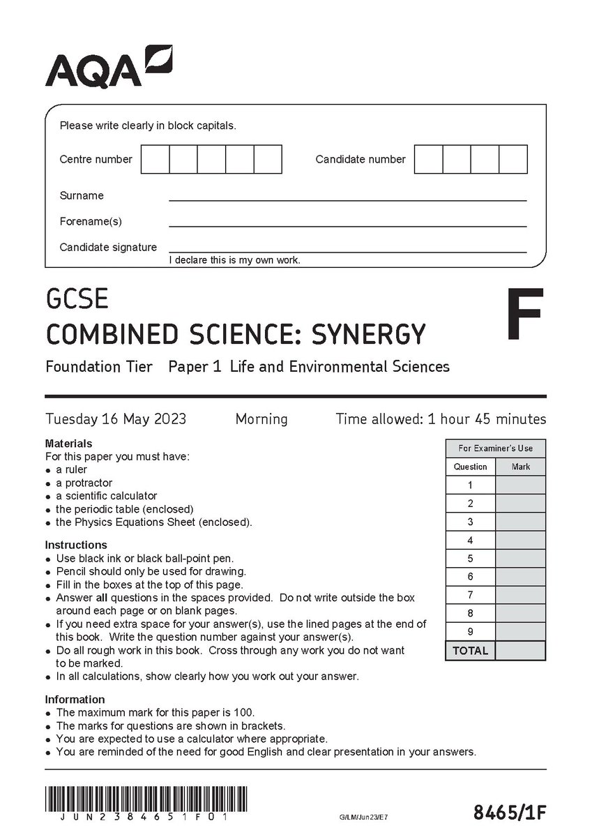 paper29397's tweet image. AQA GCSE COMBINED SCIENCE SYNERGY PAPER 1 2023 (8465/1F: Foundation Tier - Life and Environmental Sciences)   
#AQAGCSE #combinedscience #synergy #paper1 #8465/1F #foundationtier #fliwy 
fliwy.com/item/379144/aq…