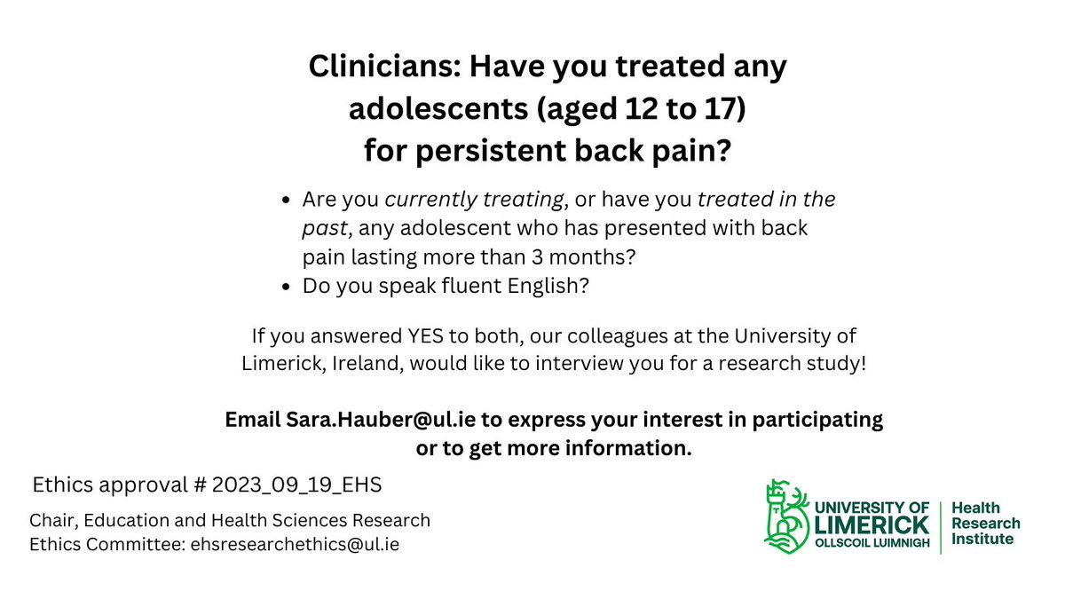 we are interested in interviewing clinicians (in any country) involved in treating adolescents with back pain. see below for information.
