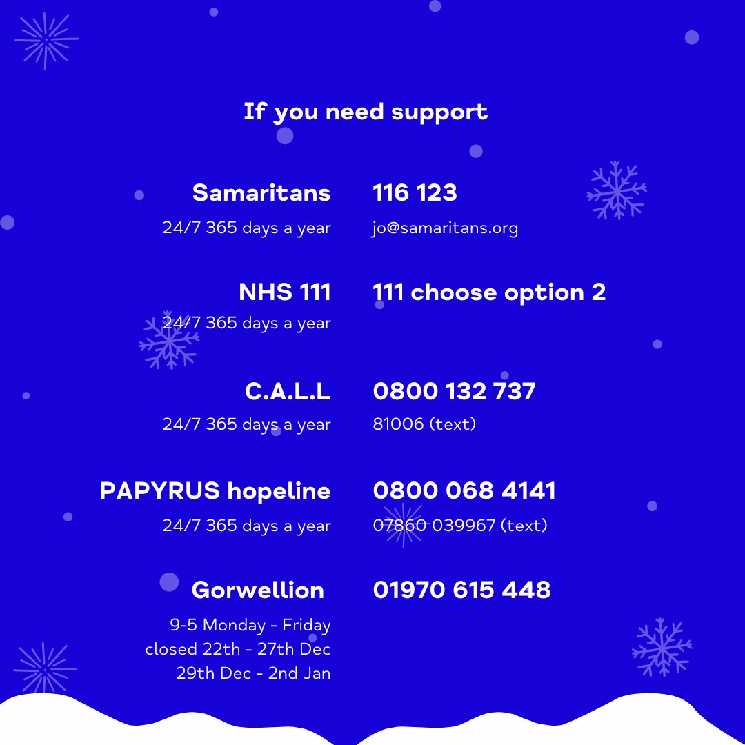 Mind Aberystwyth will be closing for the festive period on Friday the 22nd of December and will reopen on Tuesday the 2nd of January. 

Please take a look at the resources below if you need support during the festive period. 

Thank you and Merry Christmas❄️🎁🎄