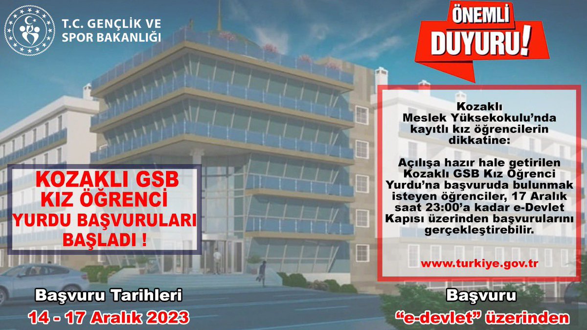 Uzun zamandır üzerinde çalıştığımız ve artık hazır hale getirdiğimiz 
KOZAKLI KYK KIZ ÖĞRENCİ YURDU başvuruları başladı. 👏🏻👏🏻👏🏻

Açılışa hazır hale getirilen Kozaklı GSB Kız Öğrenci Yurdumuza başvuruda bulunmak isteyen öğrenciler, 

17 Aralık saat 23:00’a kadar e-Devlet Kapısı