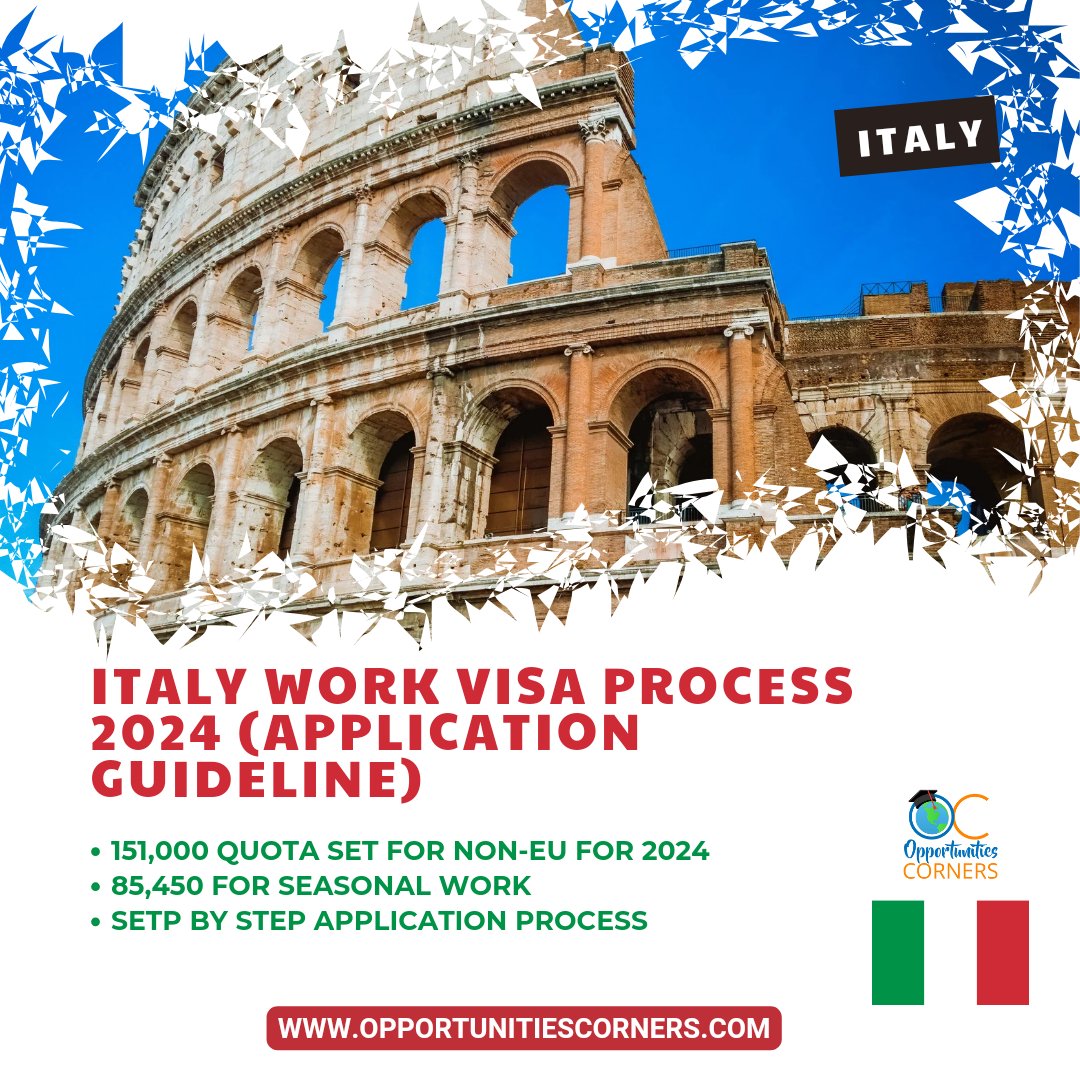 corner_oc's tweet photo. Italy ๐ฎ๐น Work Visa Process 2024 (Application Process)
The Italian Government has set the 151,000 Work Visa for Non EU to Enter in Italy in 2024 according to Decreto Flussi.
Visit: https://t.co/wMp88Rl1kG
#ItalyWorkVisa #ItalianWorkPermit #OpportunitiesCorners #VisaProcess https://t.co/zs7OJjdgOq
