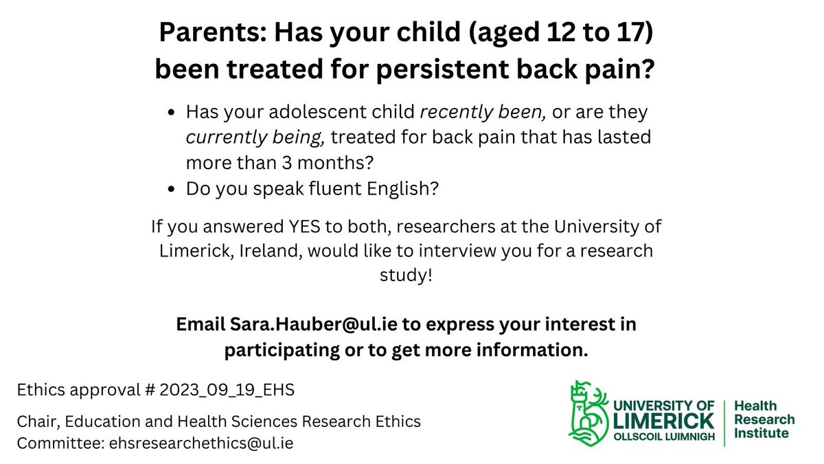 we are interested in interviewing parents (in any country) whose adolescent child has back pain. see below for information.