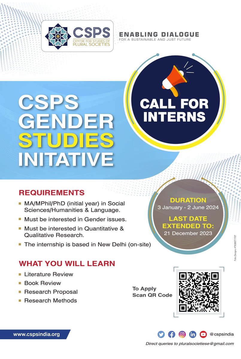 cspsindia's tweet photo. CSPS Gender Studies Initiative Call for Internship
Deadline extended to: 21 Dec 2023
Link to apply: https://t.co/x7ZoSAFndU
#callforinterns #genderstudies #cspsindia #internshipopportunity https://t.co/f4kBNSDC92