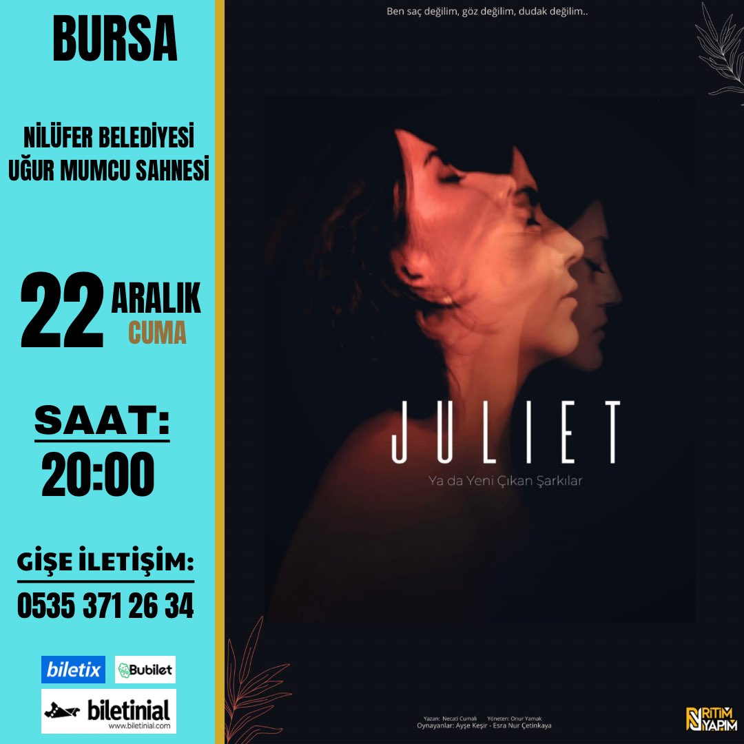Baştan sona sürükleyiciliğiyle heyecana sokan bu muhteşem oyun “JULİET” Bursa’da izleyici karşısına çıkıyor! 

Biletler: 👉🏼 biletinial.com/tr-tr/tiyatro/…

#bursa #tiyatro #juliet