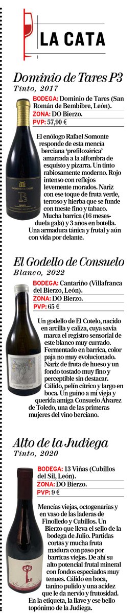 En mi #CataJPA os sugiero estos tres vinos en @diariocylmundo. 🍷 @DominiodeTares - @DOBierzo 🍷 @VinosCantarina - @DOBierzo 🍷 #13Viñas - @DOBierzo