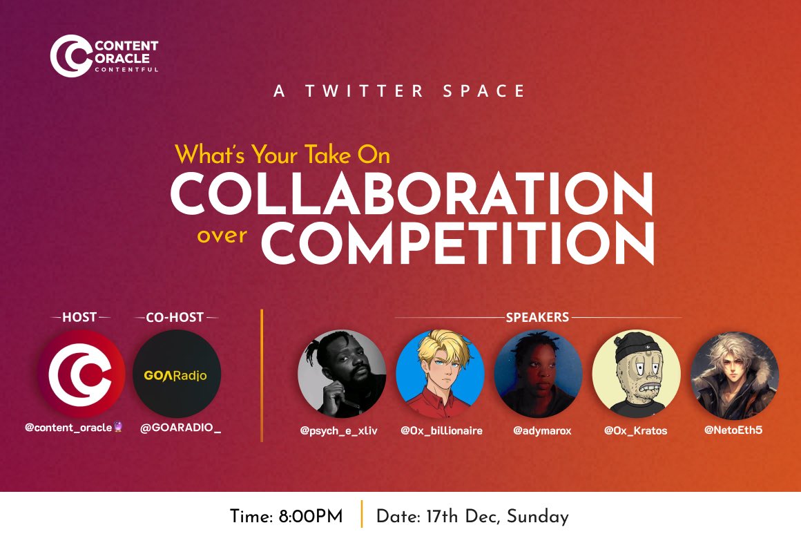 content_oracle's tweet photo. - Calling out builders and content creators under web2 and web3
- we would love to hear your point of view on this intresting topic on Sunday with our amazing co-host @GOARADIO_ and speakers 🔥
Tap the link below to set a reminder for the space !
https://t.co/lWyEo0KRNF https://t.co/f8y4FhE2mY