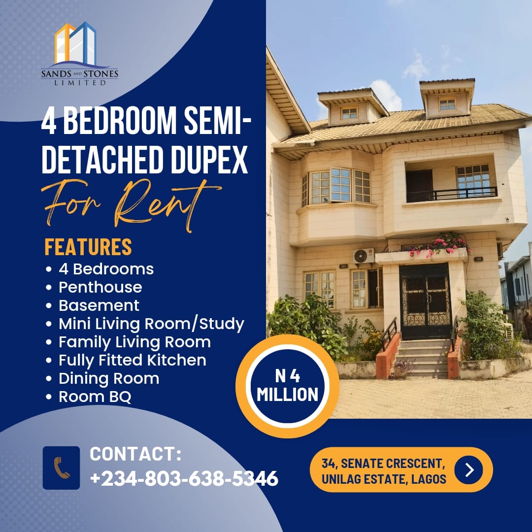 SStonesltd's tweet photo. NEW LISTING ‼️‼️
4 BEDROOM SEMI-DETACHED DUPLEX FOR RENT

FEATURES INCLUDE: 
✅ 4 Bedrooms
✅ Penthouse
✅ Basement
✅ Mini Living room/study
✅ Family Living Room
✅ Fully Fitted Kitchen
✅ Dining Room 
✅ Room BQ
✅ Wide Parking Space. 
✅ Security House 
✅ Generator House https://t.co/Hh1Z00e4qX