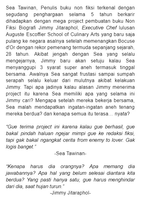 klavieraklav's tweet photo. #JimmySea AU

-SEQUOIA-

Ketika Sea, penulis buku non fiksi populer harus mengejar Jimmy, Executive Chef ternama untuk project Biografi, tapi kok malah di kontrak kerja harus tinggal bareng?

'Karena bisa aja ada cara kerja dunia ini yang susah dipikir pakai logika' https://t.co/etdYKrzOrQ