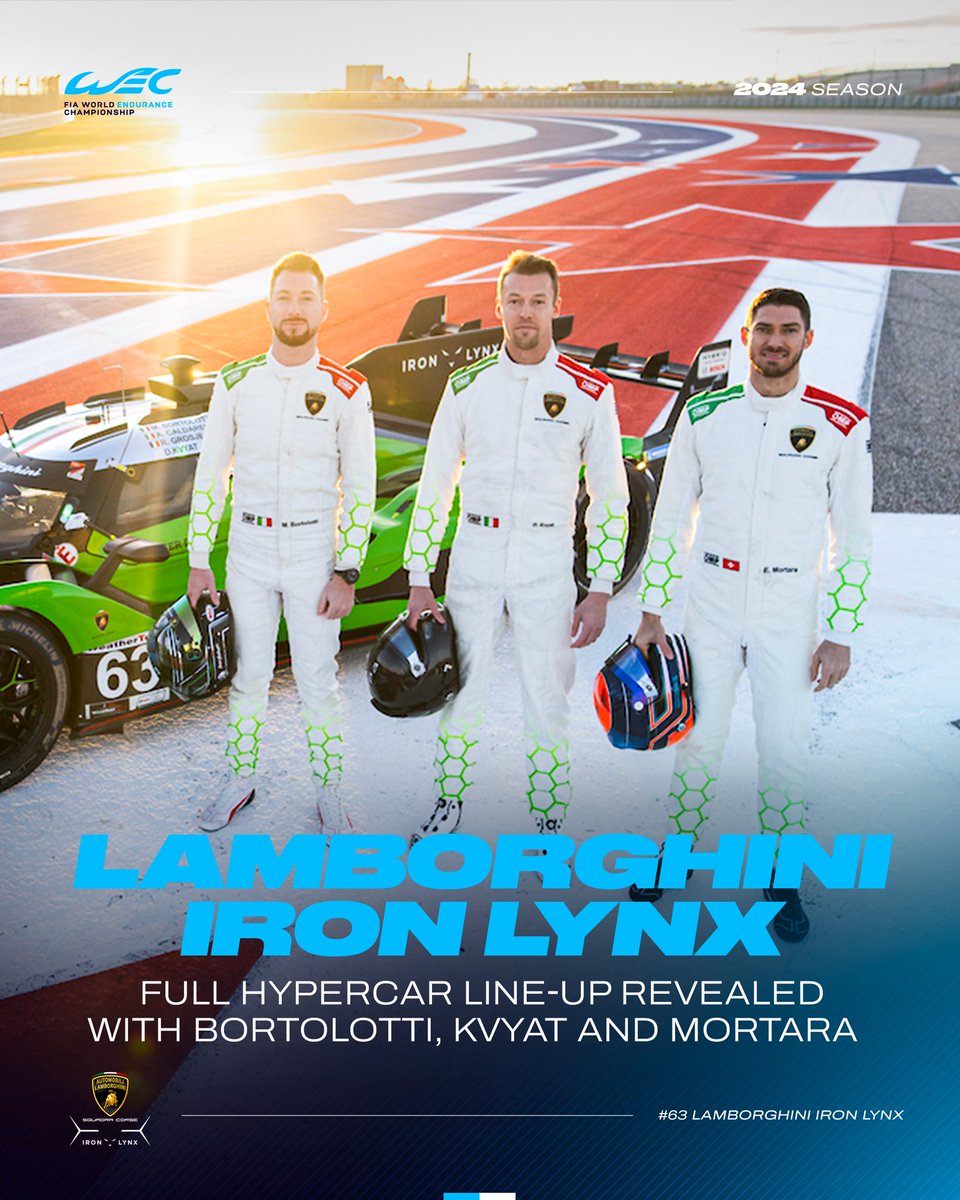 Lamborghini Iron Lynx reveal their full driver line-up for the 2024 Season! Daniil Kvyat & Edoardo Mortara join Mirko Bortolotti in the Lamborghini SC63 Hypercar next year; set to make its WEC race debut at the Qatar 1812km. #WEC #Lamborghini