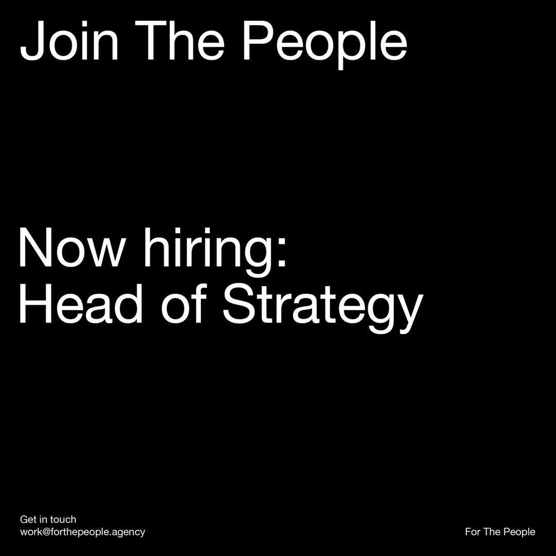 Open Role: <a href="/ForThePeopleAu/">For The People</a> is looking for an experienced Head of Strategy to join their hybrid Sydney team in the new year.

Role: Head of Strategy
Type: Full-Time
Location: Sydney (Hybrid)

For full details, check the link in our bio.⁠