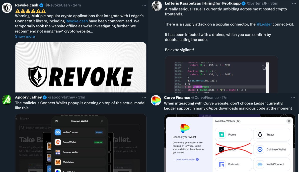 duonine's tweet photo. We call it DeFi and dApps but all fails when one hacker hacks #Ledger's code. @Ledger - hacked again eh?
🚨 Do not connect to any dApps! 🚨
The fake Connect Wallet popup that drains your funds is in the bottom left corner in the image. 👀 https://t.co/PD5LAuOuJa