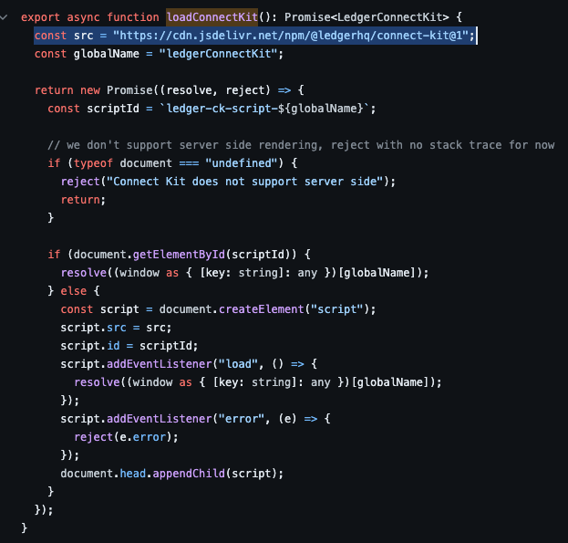DamianCatanzaro's tweet photo. El código de Ledger Connect Kit agrega su librería directamente al HTML, como fue comprometida su libreria no hacia falta ni actualizar el frontend, esto es una muy mala practica por parte de Ledger y una vulnerabilidad tremenda. Sobre todo que no está bien versionada tampoco. https://t.co/Hg2vUIlBzS