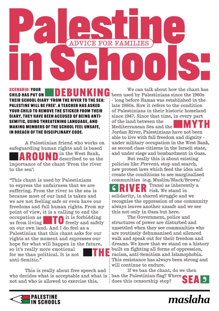 Maslaha's tweet photo. From the river to the sea is a chant that is heard across the world

But this expression of freedom is under attack and schools are encouraged through policies like #Prevent to view those who chant this as threatening

Below we explain why we must protect our right to be heard https://t.co/yf1Wgis5x2