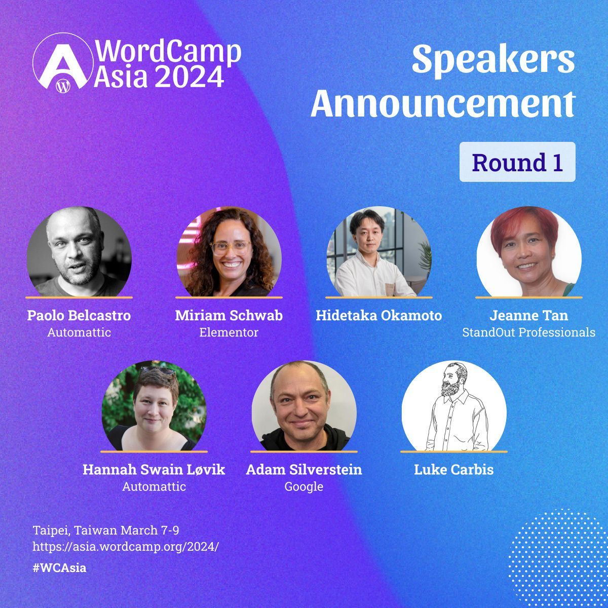 WordCampAsia's tweet image. We are pleased to announce the first round of speakers 🙌  
Learn more here: buff.ly/47SCPyz  
Stay tuned! This is just the beginning of a series of announcements unveiling more exceptional talent joining us. #WCAsia #WordCampAsia2024 #WCAsiaSpeakers