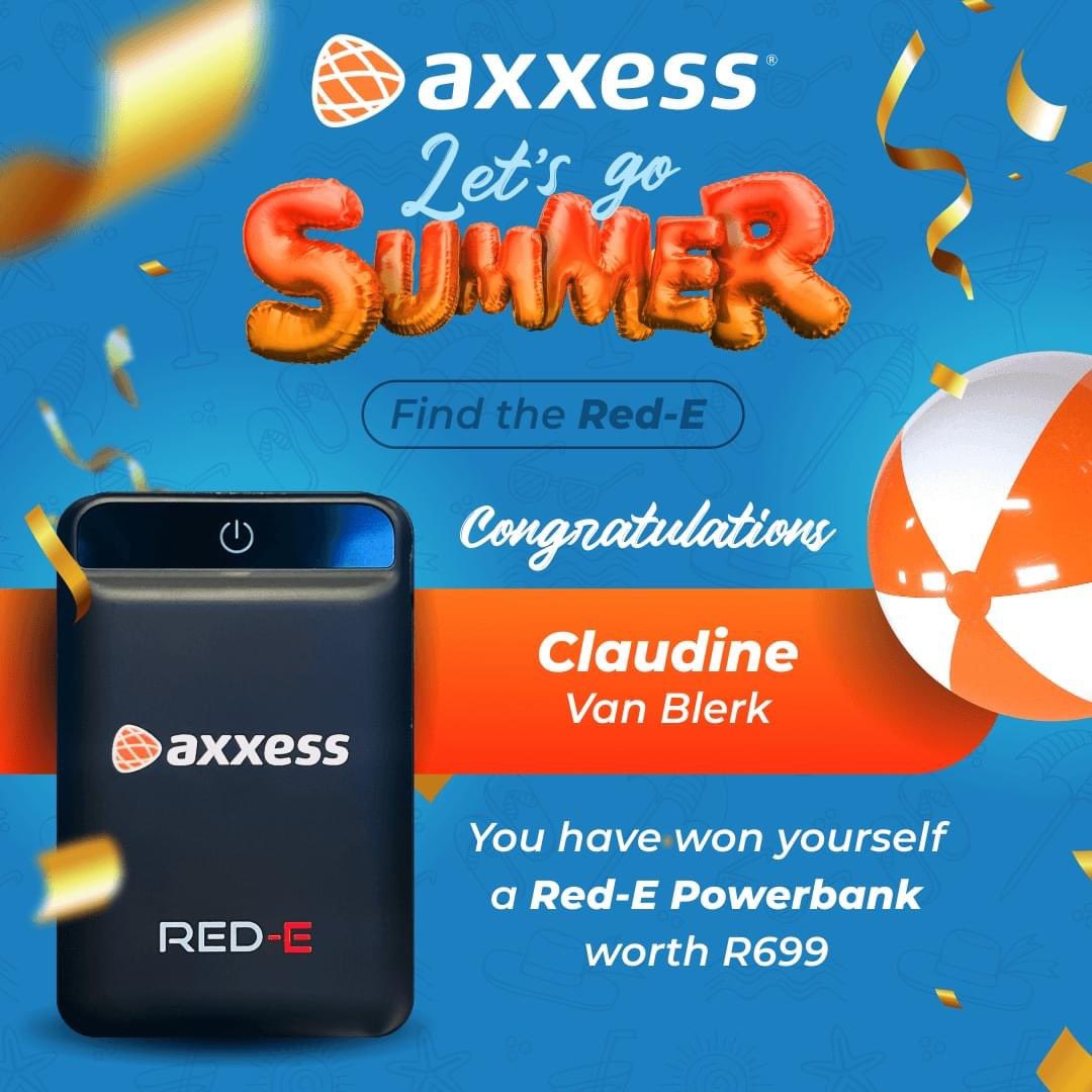 AxxessInternet's tweet photo. Congratulations Claudine Van Blerk! You are the forth 'Find the RED-E' competition winner. ๐
Enjoy your summertime fun and stay connected with the RED-E power bank and cool branded Axxess Summer goodies! ๐ค
#LetsGoSummer #LTE #PowerUp #SummertimeFun #AxxessInternet https://t.co/9Q1zfXKTLx