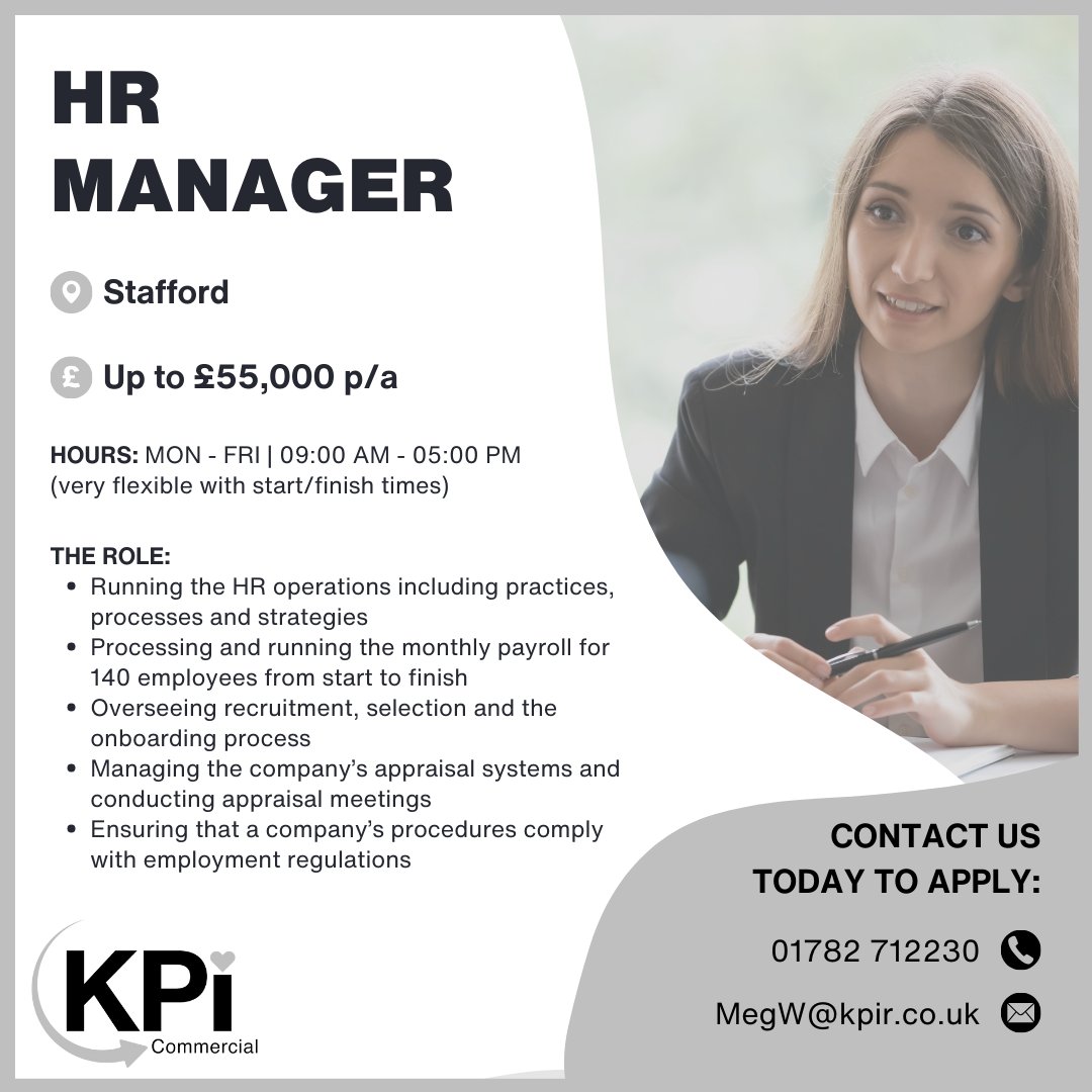 **HR MANAGER** Stafford. Up to £55,000 p/a

Call Meg on 01782 712230 or email MegW@kpir.co.uk to apply.

Visit bit.ly/KPIComJob to find MORE Jobs like this!

#HRJobs #HRManagerJobs #HumanResourcesJobs #StaffordJobs #CannockJobs #JobSearch #KPIRecruiting