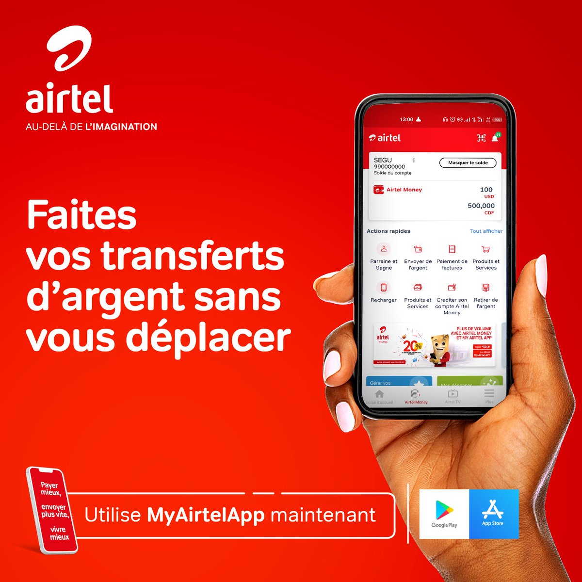 Gagnez en temps avec My Airtel App ! 💸 Transférez facilement de l'argent à vos proches grâce à cette application tout-en-un. 🤩 Cliquez ici pour télécharger My Airtel App : bit.ly/myapprdc #LeChoixMalin | #AirtelRDC | #LaVraie4G