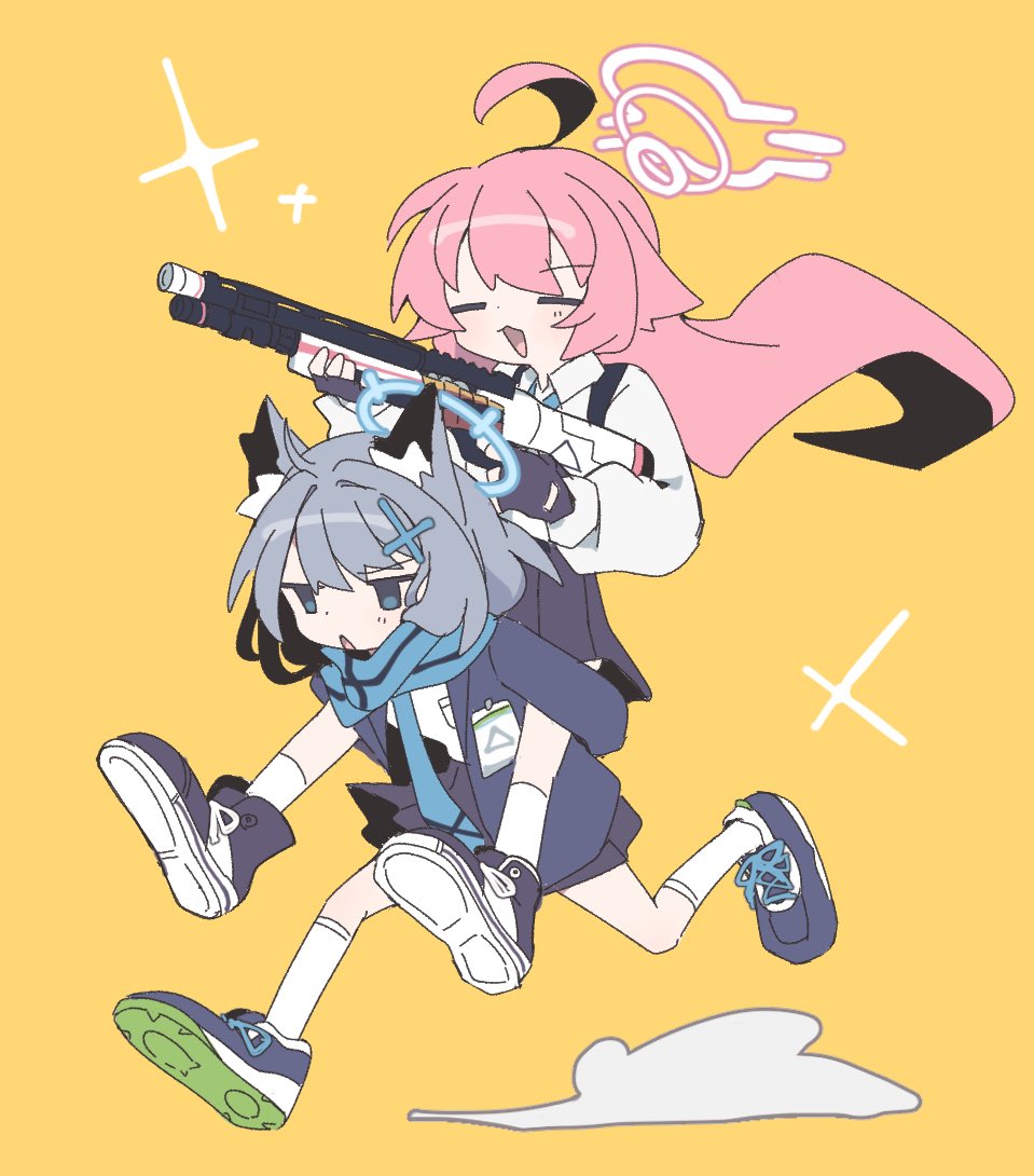 hoshino (blue archive) ,shiroko (blue archive) multiple girls 2girls carrying weapon gun halo pink hair  illustration images