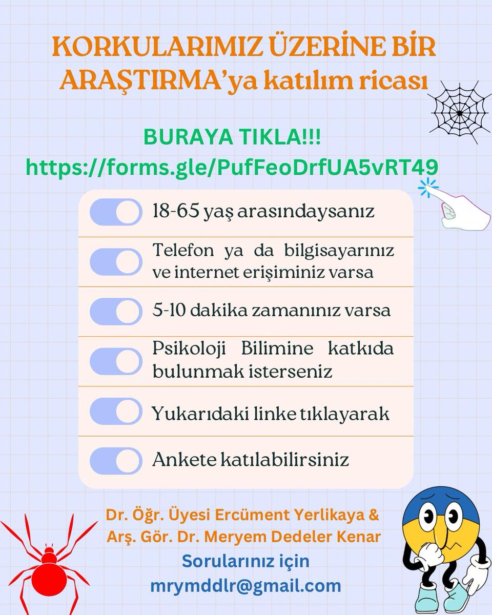 Dr. Öğr. Üyesi Ercüment Yerlikaya hocamla "korkularımız" üzerine yürüttüğümüz bilimsel çalışmamıza ölçekleri doldurarak, paylaşarak ve rt yaparak katkıda bulunur musunuz?
Teşekkürler
Katılım linki: forms.gle/im63GjNA4yFG3i…
