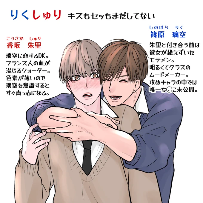 作品紹介⑥
【りくしゅり】
付き合う前の話しを描いたり付き合ってる時の話しを描いたり。
ノンケ男子に恋する切ないストーリー、大好きです…🥹✨

(バックハグ多いなw🍑🍊との差)

pixivにシリーズとして置いてますがイラストも色々あります☺️
https://t.co/S5REOhwy50

#創作BL #りくしゅり 