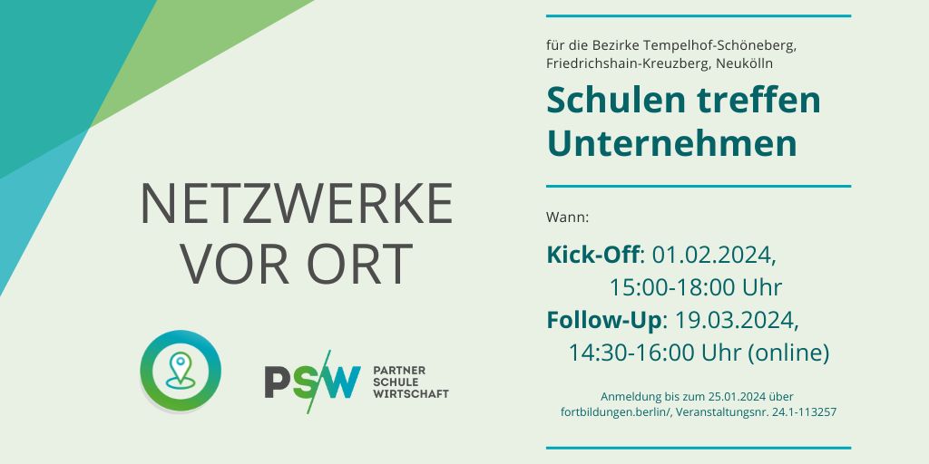 PartnerSchule's tweet photo. 🚀Bei „Netzwerke vor Ort“ am 01.02.2024 treffen Lehrkräfte und Unternehmensvertreter*innen aufeinander und sprechen über Kooperationsmöglichkeiten bei der #BeruflichenOrientierung. 
➡️Lehrkräfte können sich bis zum 25.01. über https://t.co/dP34lAfRvo, Kursnr. 24.1-113257 anmelden https://t.co/GDDS24JNHW