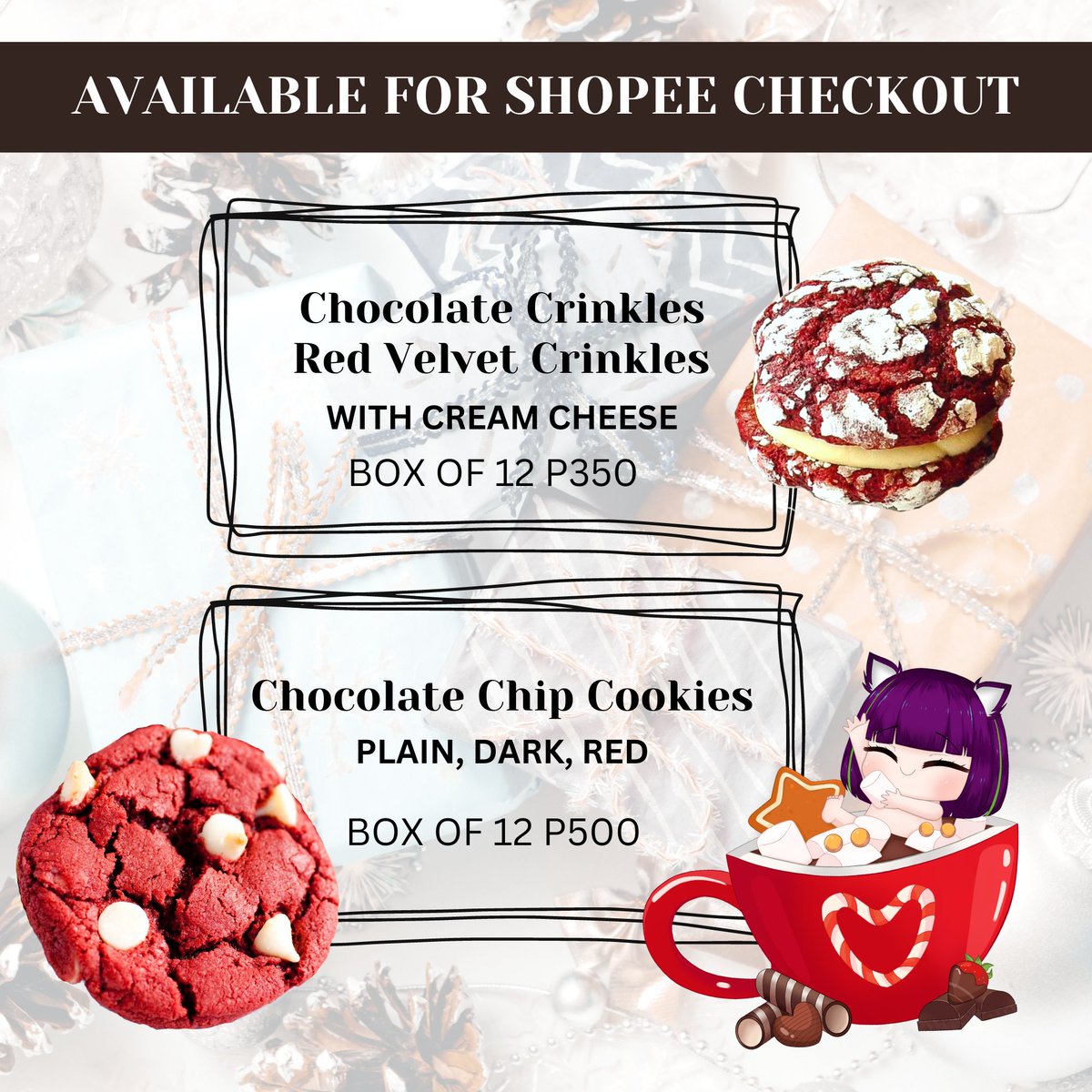 Gupsybabe's tweet photo. โจ๐ชNOW OPEN FOR PREORDERS๐ชโจ
Ships out starting on Monday 12/28/2023๐ฅฐ
Product quantity depends on location. Bigger boxes available for Shopee Checkout. DM for orders and inquiries ๐๐
#PHVtuber #cookiesph #homemadeph #gupsybites #supportlocal #holidaytreats https://t.co/SHemgxFgAb