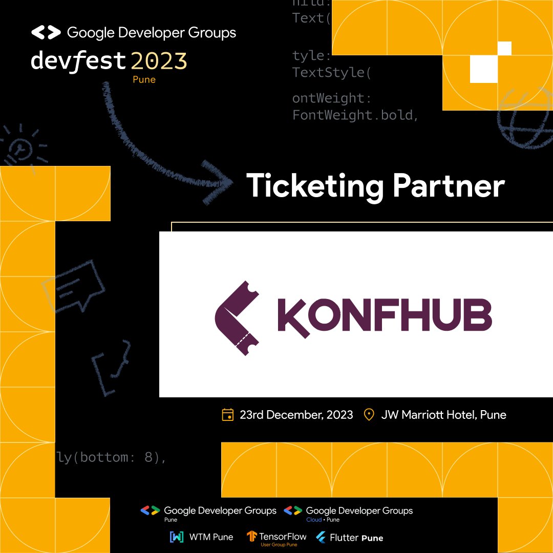 GDGPune's tweet photo. Excited to announce Konfhub as our ticketing partner for DevFest Pune '23!๐
๐Elevate your event experience with Konfhub's innovative features at https://t.co/3KBHxFSCAl
๐Register for DevFest at https://t.co/tm6opH2Xs7
#DevFestPune23 #Konfhub #TicketingPartner https://t.co/iPHWh2lWXD