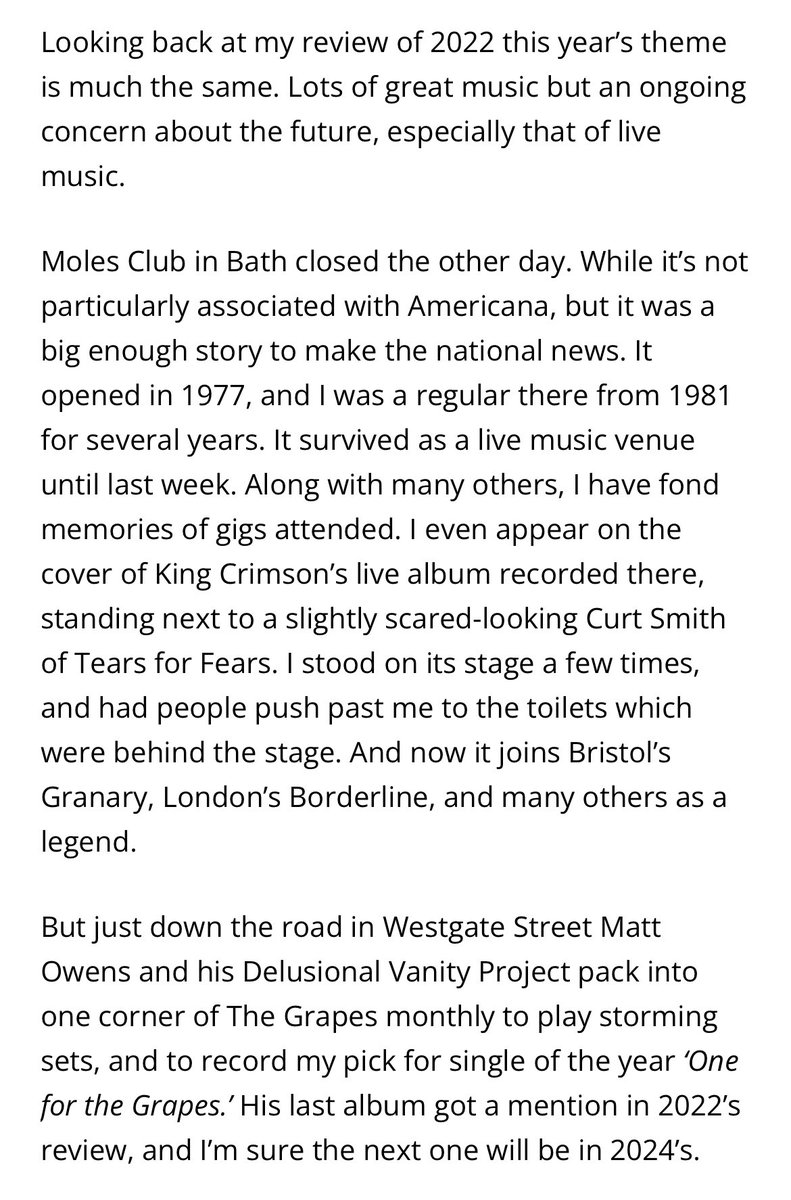 Epic to feature in @americanaUK ‘s best of 2023, & despite the tragedy of @MolesBath #Bath still flying the flag for live music with indies like @thegrapesbath stepping up & getting press! @bathbid @VisitBath @TheAMAUK @4BarsToTheBeat @AtTheHelmPR @AnotherPlanetMu #BestOf2023