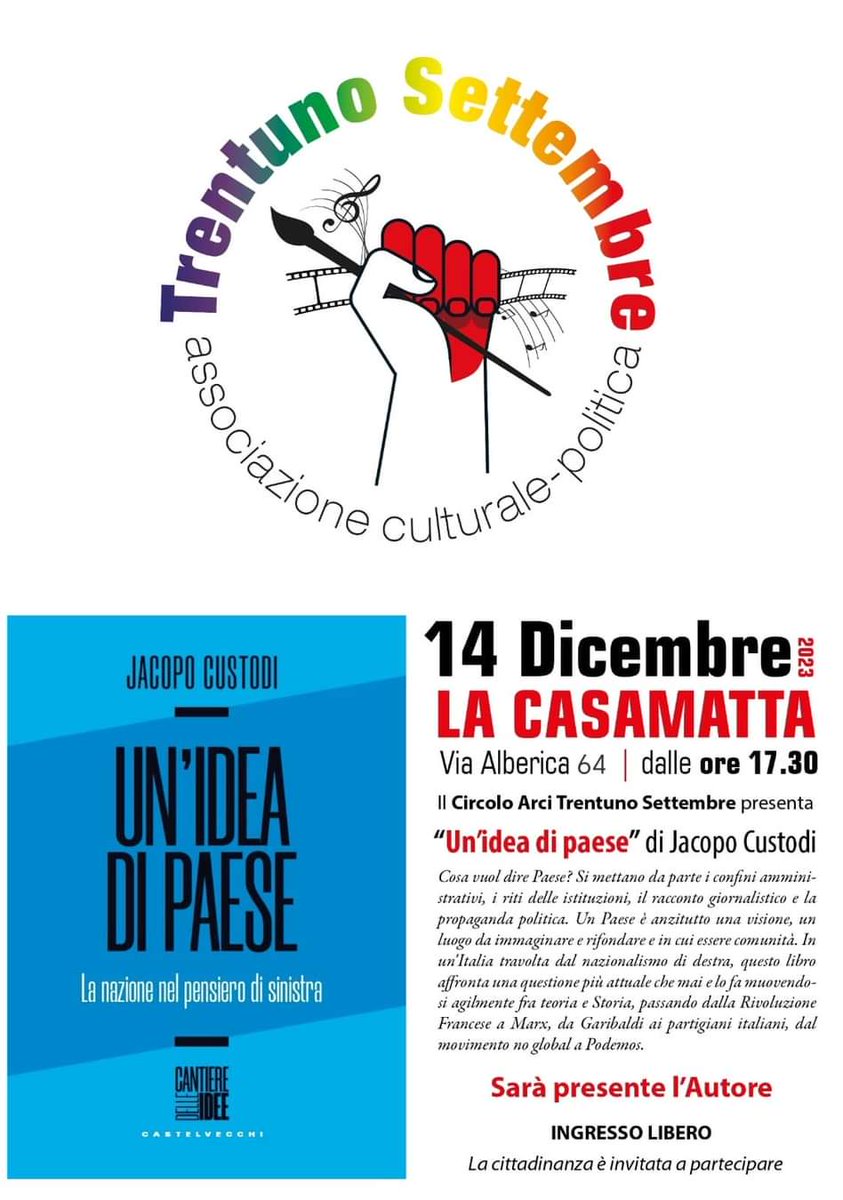 Oggi a Massa alle 17.30 presentiamo il libro "Un'idea di Paese. La nazione nel pensiero di sinistra" (cantiereidee.it/book/unidea-di…)

Grazie a <a href="/31settembre/">319</a> per l'invito!