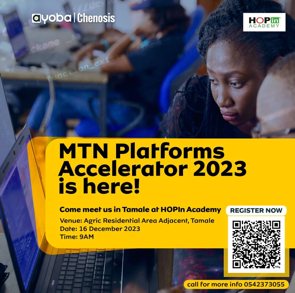 Dear tech startups and hub, secure your spot at the MTN Platforms Accelerator 2023 

Don't miss out on the opportunity to win GHS 20,000 for any of our four (4) awards category

Date: 16th December 2023.

𝐕𝐞𝐧𝐮𝐞 -  HOPin Academy, Tamale

Register via
bit.ly/RSVP_MTNPlatfo…