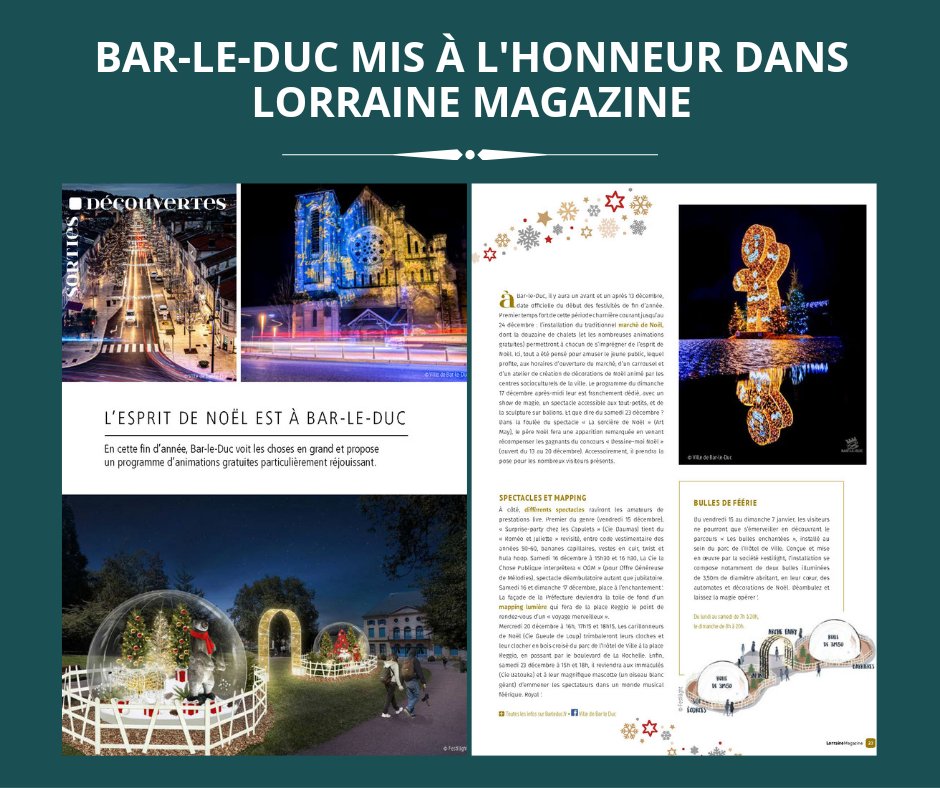 barleduc55000's tweet photo. 📷"La Magie de Noël à Bar-le-Duc" mise en avant dans Lorraine Magazine. Retrouvez une double page (22 et 23) sur les festivités de fin d'année dans la cité barisienne 👉 https://t.co/TZmRwOgd7Y

 #noëlàbarleduc #barleduc #villedebarleduc #BLD #lorrainemagazine https://t.co/TCTfnPDXtw