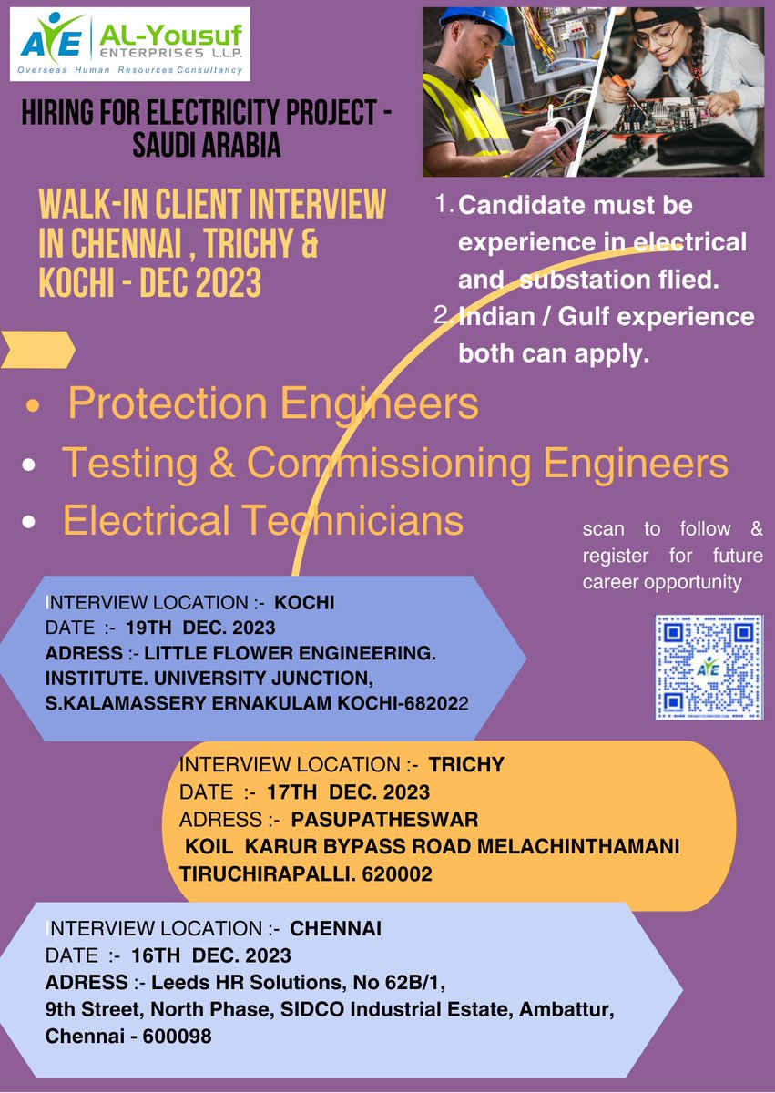 HR08 #JobsInSaudiArabia #Hiring for #Electricity Project  #Saudi_Arabia
 #Apply Now – jobs@alyousufent.com
Positions:
#ProtectionEngineers #Testing&Commissioning Engineers # Electrical Technicians.
Applicants must have min 5 yrs. experience in Electrical Substation.