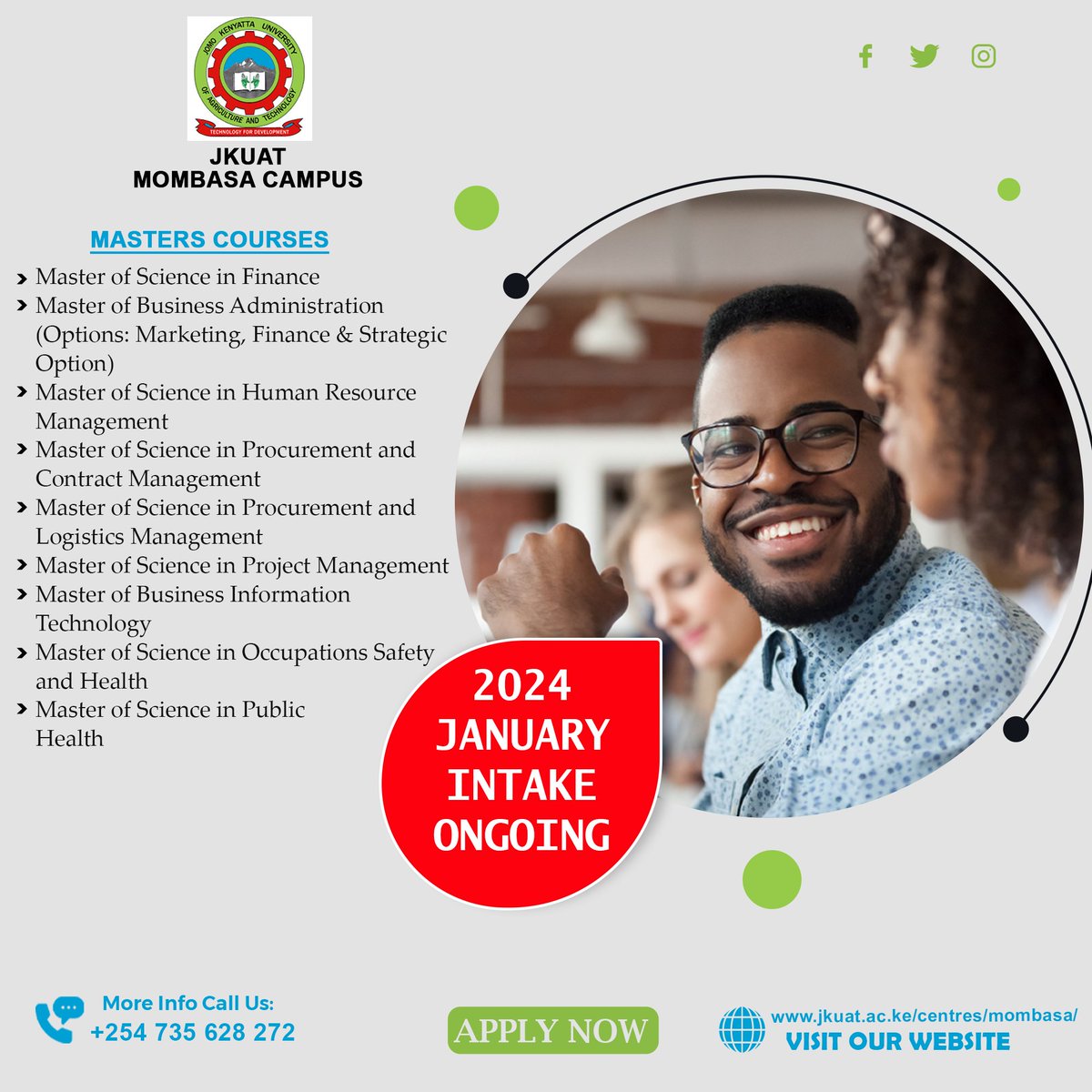 jkuatMsa's tweet photo. Our January Intake for Masters Courses is still on going. Have you submitted your application?
"The beautiful thing about learning is that no one can take it away from you." - B.B. King
#JoinJKUAT #JanuaryIntakeOngoing #Masters #PostgraduatePrograms https://t.co/NkJQa0J5rk