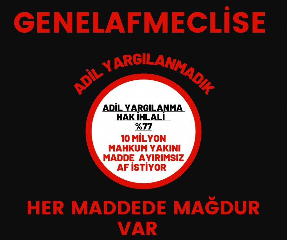 Tueakir13677281's tweet photo. Milyonların sesine kulak verin!
🆘 Hak ihlali %77,1
🆘Cezaevlerinin durumu ortada
🆘Binlerce masum var
🆘Islah olanlar için ve tüm önemli sebepler nedeniyle ayrımsız Genel af istiyoruz! 
AFYasası MecliseGelsin
@RTErdogan @yilmaztunc @adalet_bakanlik @dbdevletbahceli @YildizFeti https://t.co/23oFbRMFNe