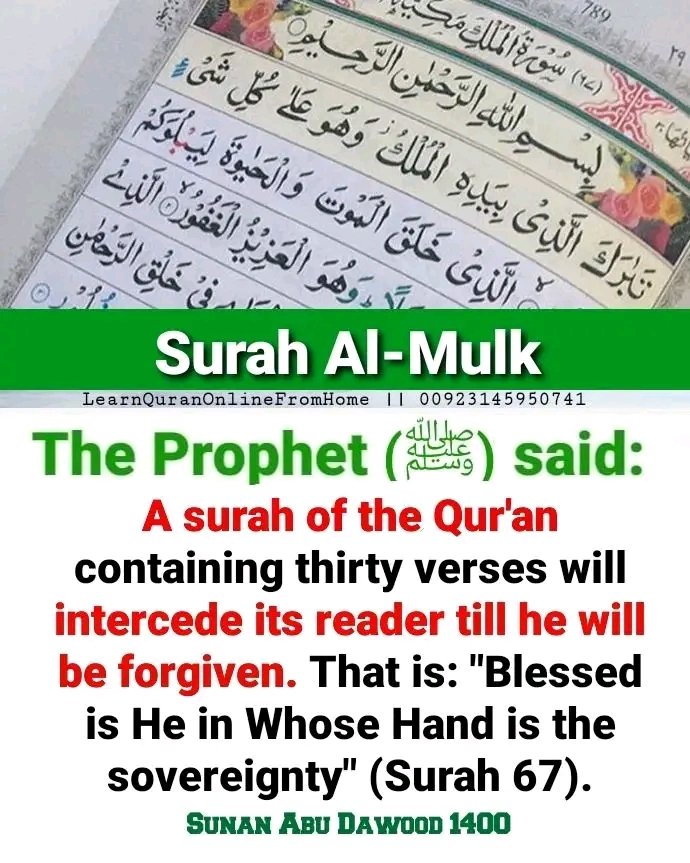QuranElearning2's tweet photo. The Prophet (ﷺ) said:

A surah of the Qur'an containing thirty verses will intercede its reader till he will be forgiven. That is: "Blessed is He in Whose Hand is the sovereignty" (Surah 67).

[Sunan Abi Dawud 1400] https://t.co/8dUqMUPF7U