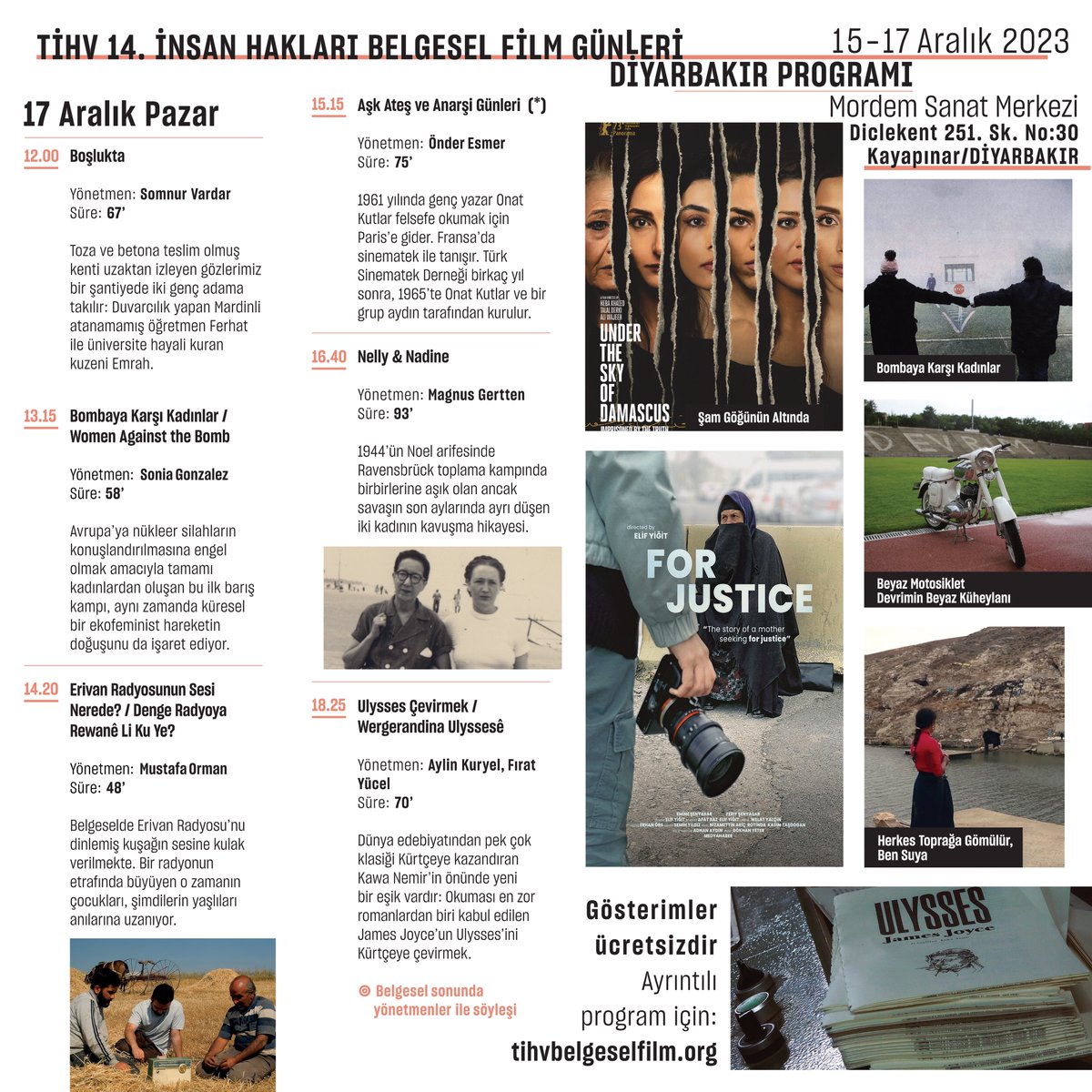 TİHV 14. İnsan Hakları Belgesel Film Günleri, 15 - 17 Aralık 2023 tarihleri arasında #Diyarbakır'a konuk oluyor. 🎬Türkiye'den ve dünyadan 18 seçme #belgesel #film, yönetmenlerle söyleşiler... 📍Mordem Sanat Merkezi #sinema Ayrıntılı program için 👇🏼 is.gd/pP5vnY