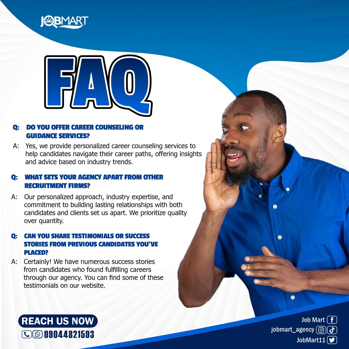 Jobmart_agency's tweet photo. Got questions? Job Mart has the answers!
Check out our some FAQ
#JobSearchNigeria #NigeriaJobs #HiringNigeria
#NigeriaRecruitment #JobOpportunities #JobHuntNigeria #NaijaJobs #EmploymentNigeria #CareerOpportunities
#JobVacancies https://t.co/BY23ZJlsMW