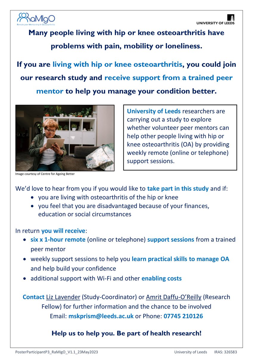 Do you have #osteoarthritis? Would you like to receive FREE #peer #mentorship?
 
<a href="/UniversityLeeds/">University of Leeds</a> wants to work with you to support you manage your #OA better! 
 
Tech support offered. Read below and reach out now!

<a href="/UniversityLeeds/">University of Leeds</a>, <a href="/UniLeedsPRISM/">UniLeedsPRISM</a>, and <a href="/EgalityHealth/">Egality Health</a>