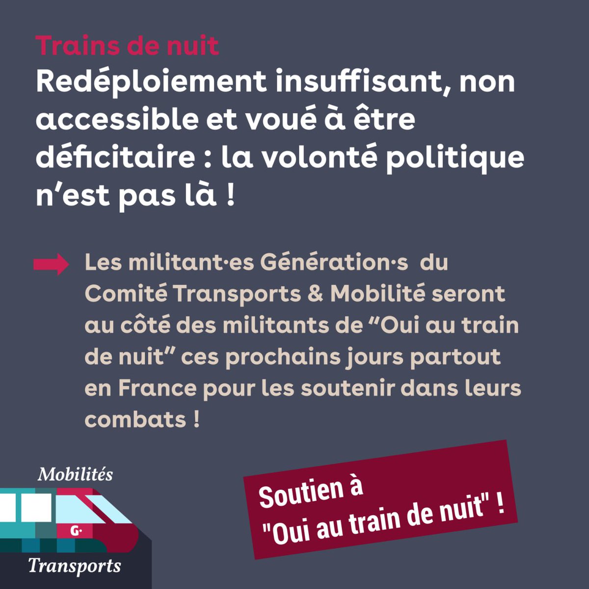 GenMobilites's tweet photo. Les trains de nuit, longtemps décriés, sont enfin réhabilités !

Pratiques, écologiques, si l'on s'en donne les moyens, ils peuvent revenir sur le devant des mobilités !

@GenerationsMvt et le comité thématique #Mobilités #Transports militent pour une relance des trains de nuit ! https://t.co/cE0HpxZZj1