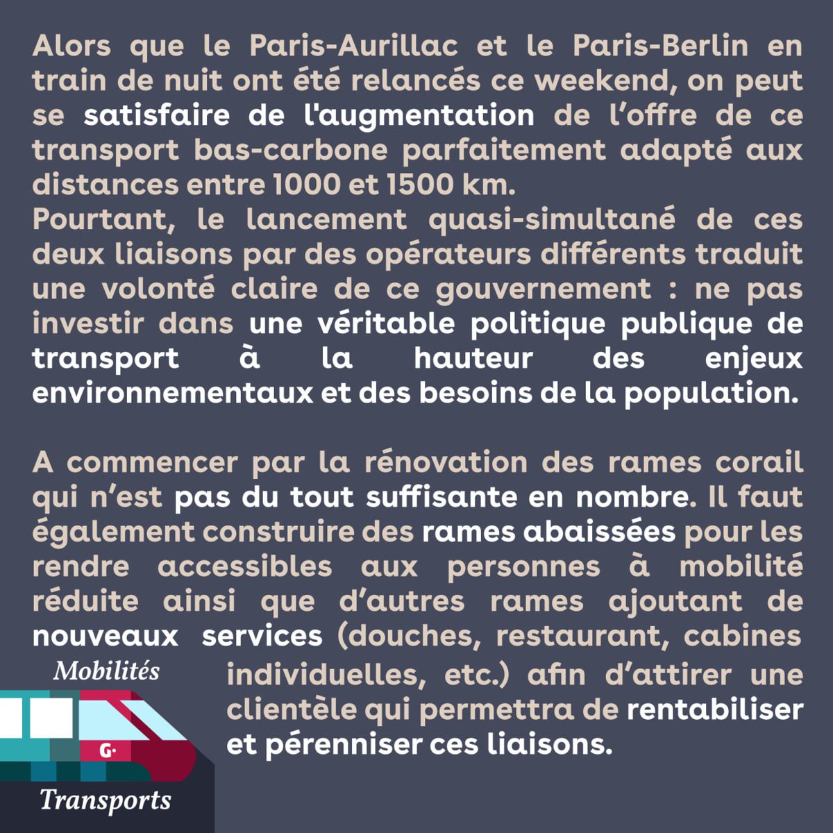 GenMobilites's tweet photo. Les trains de nuit, longtemps décriés, sont enfin réhabilités !

Pratiques, écologiques, si l'on s'en donne les moyens, ils peuvent revenir sur le devant des mobilités !

@GenerationsMvt et le comité thématique #Mobilités #Transports militent pour une relance des trains de nuit ! https://t.co/cE0HpxZZj1