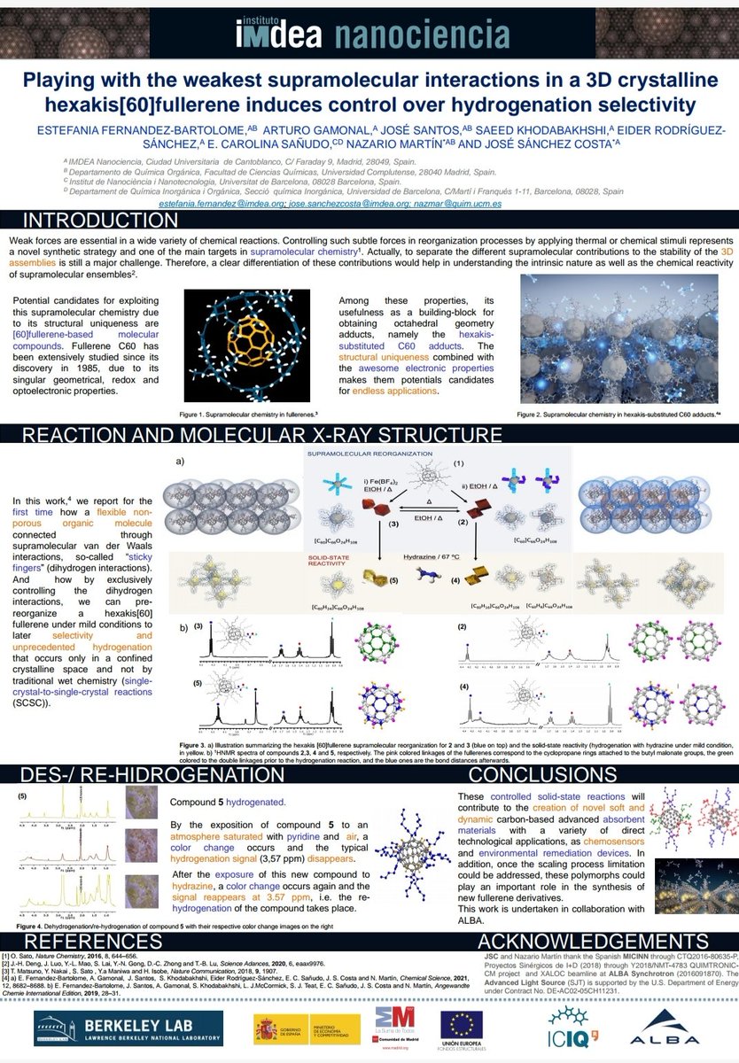 It is a great pleasure to present my poster entitled "Playing with the weakest supramolecular interactions in a 3D crystalline 
hexakis[60]fullerene induces control over hydrogenation selectivity" Don't hesitate to ask any questions! 
<a href="/josescostalab/">Jose S Costa</a> <a href="/nazariolab/">Nazario Martín Group</a> <a href="/IMDEA_Nano/">IMDEA Nanociencia 🔬</a> #ESRW