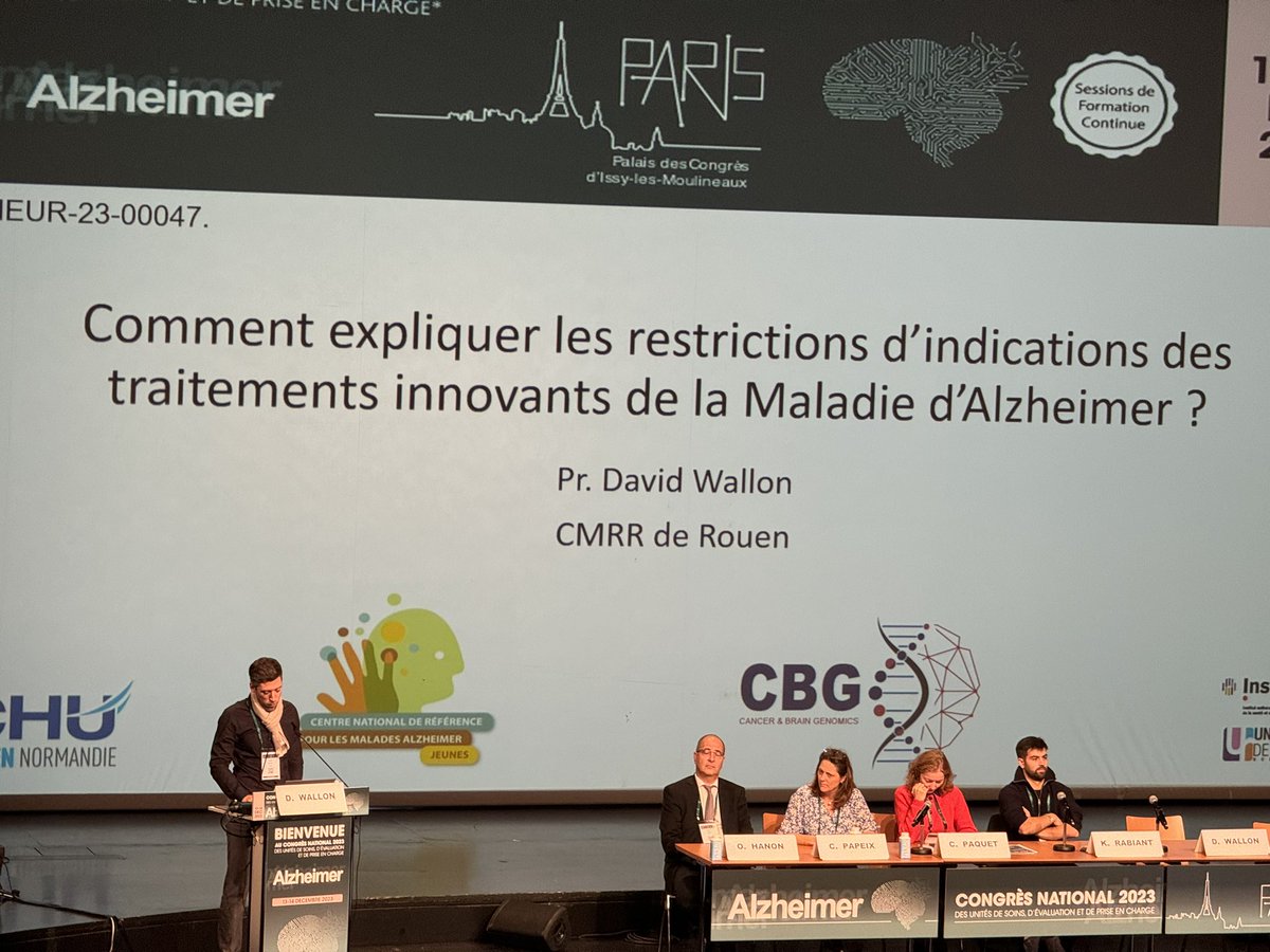 CNC_Alzheimer's tweet photo. Pr David Wallon présente comment expliquer les restrictions d'indication des futurs traitements de la maladie d'#Alzheimer aux #USPALZ 2023. https://t.co/iuVpHCezGN