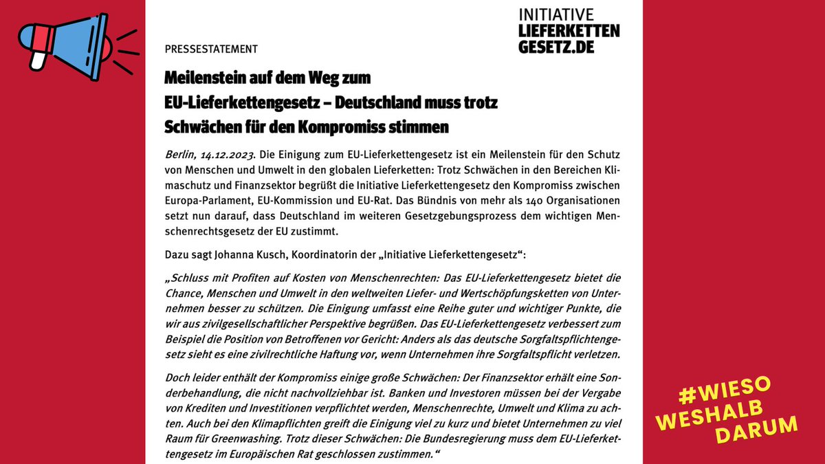 📢 PRESSESTATEMENT: Es ist ein Meilenstein auf dem Weg zum 🇪🇺 #Lieferkettengesetz.

🇩🇪 muss trotz Schwächen beim #Klimaschutz und #Finanzbranche für den Kompromiss stimmen! 
Lieber Herr @Bundeskanzler wir setzen auf Sie.

Mehr 👉 lieferkettengesetz.de/presse/