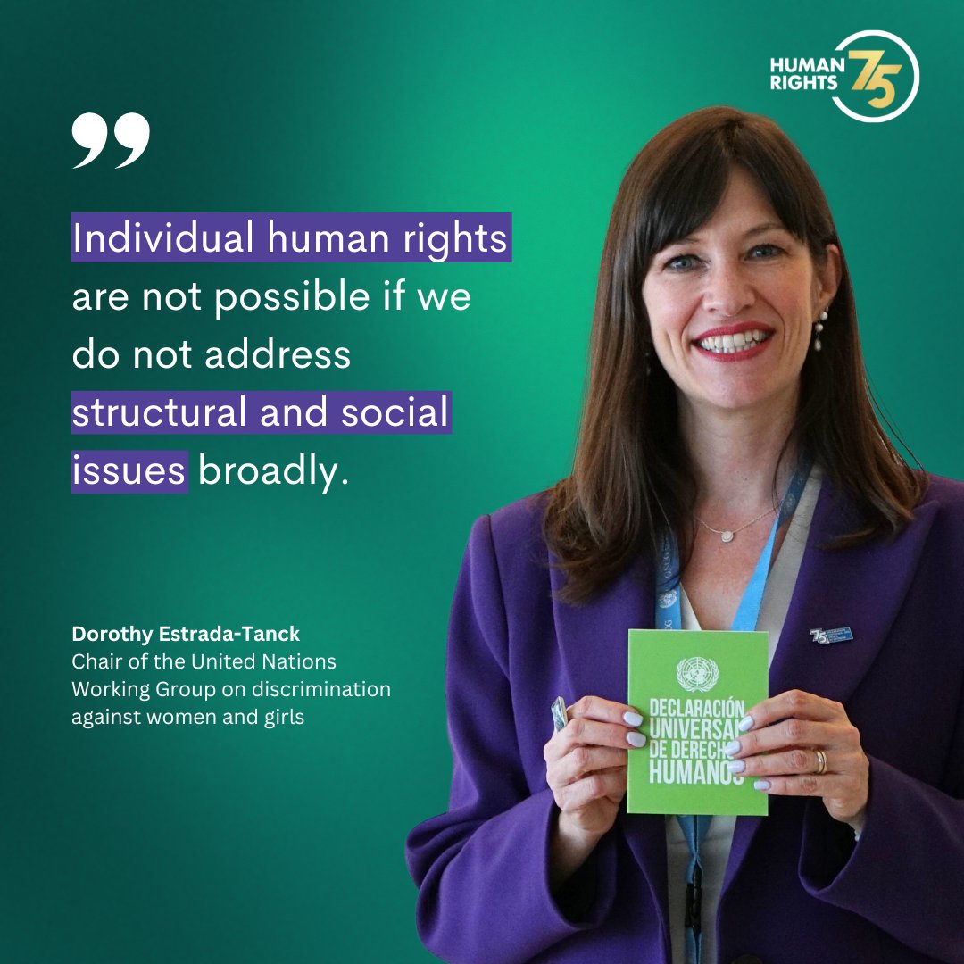 Some of our rights are worse off today than in 1948, says @UN_WGDAWG chair @DorothyEstrada. 'We see some of the most extreme forms of gender-based discrimination that did not exist in this systematised, country-wide manner as they do today in 2023'. #HumanRights75