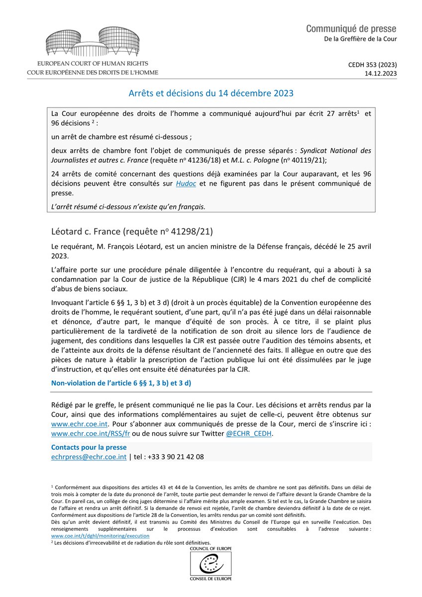 Arrêts et décisions du 14.12.2023 hudoc.echr.coe.int/app/conversion… #ECHR #CEDH #ECHRpress